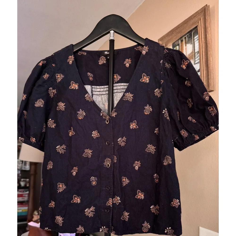 Madewell Floral Corduroy Puff Sleeve Button Front Top Small MSRP $88